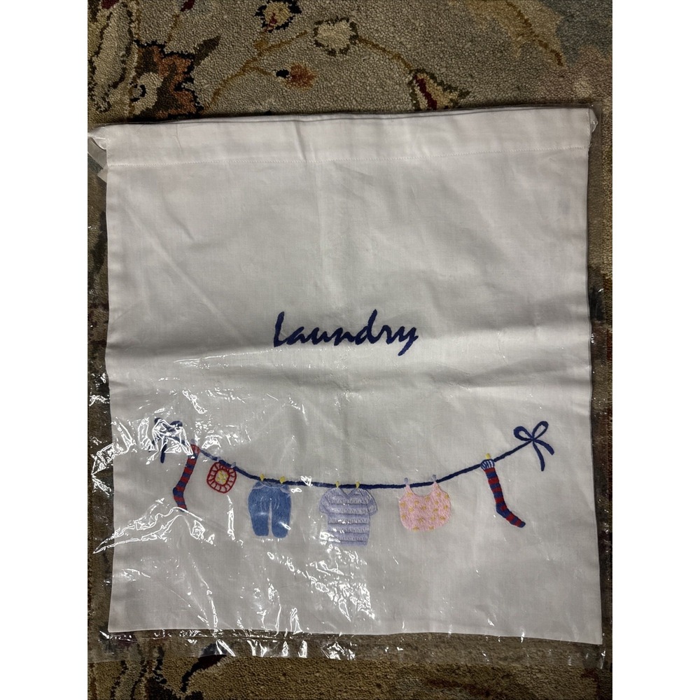 Laundry Bag Embroidered Square Drawstring Cotton  Bag. Vintage Baby